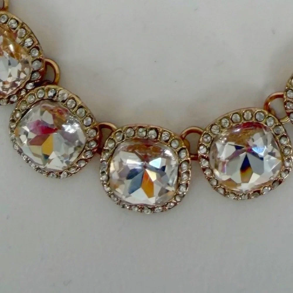 Gold Tone Clear Crystal Rhinestone Halo Bib Statement Necklace Adjustable 103-42